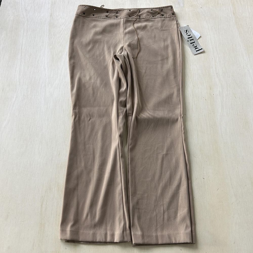 Y2K Fashion Bug Dress Pants Womens 14P Beige Twill Zip Lace Up Waist Boho Hippy